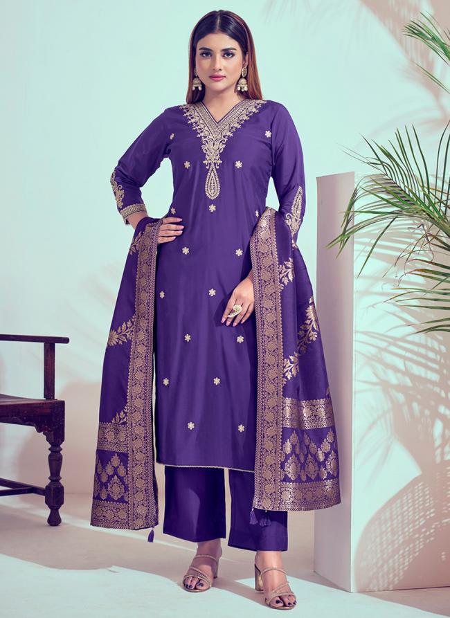 Roman Silk Purple Party Wear Embroidery Work Readymade Designer Salwar Suit